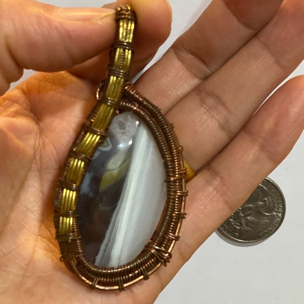 Natural Handmade Banded Agate Copper Wire Wrapped Men's Gemstone Pendant.